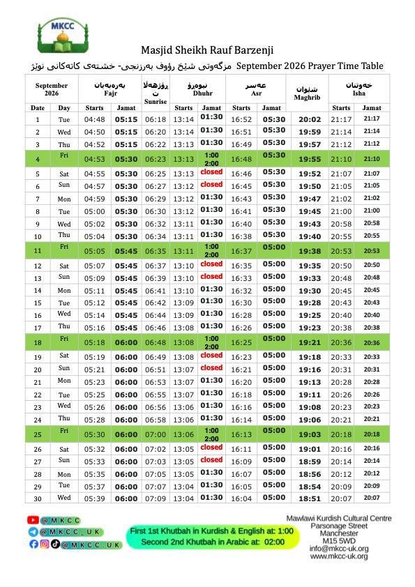 Timetable published by Masjid Shekh Rauf Barzinji for September 2026