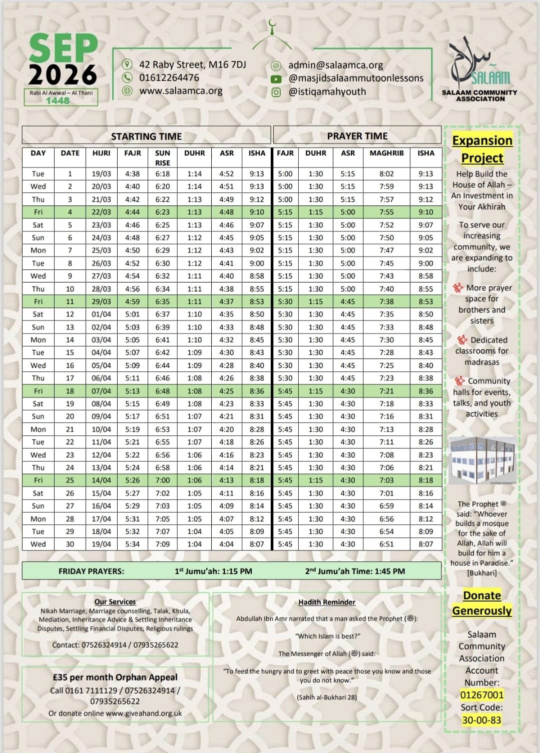 Timetable published by Salaam Community Centre for September 2026