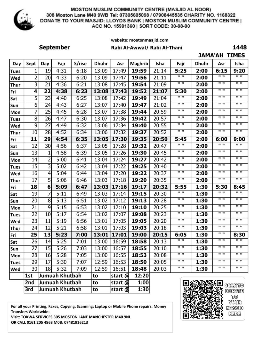 Timetable published by Moston Muslim Community Centre (Masjid Al Noor) for September 2026