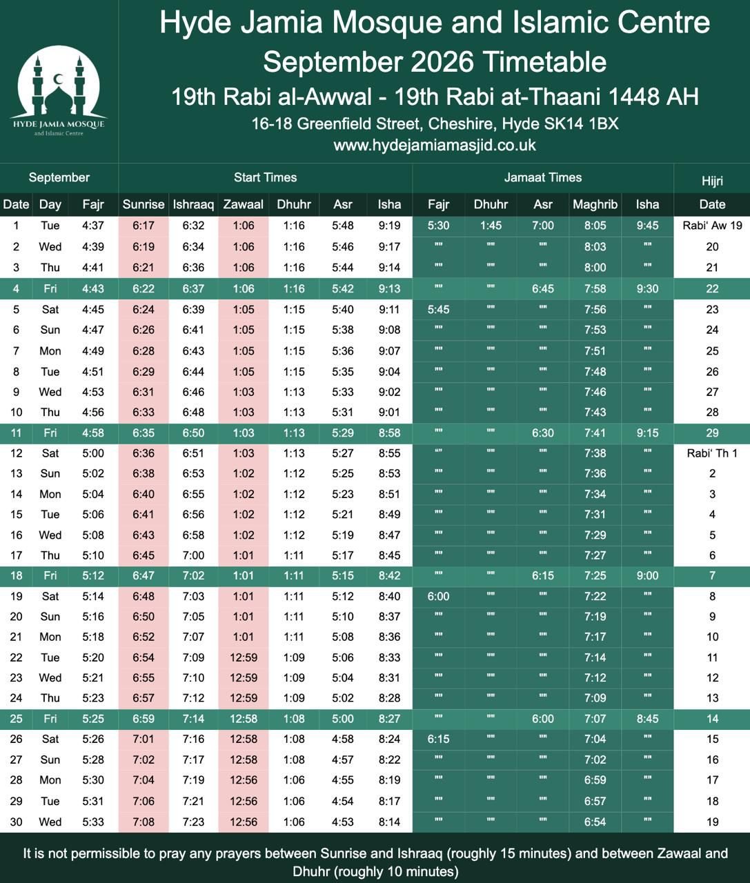 Timetable published by Hyde Jamia Mosque & Islamic Centre for September 2026