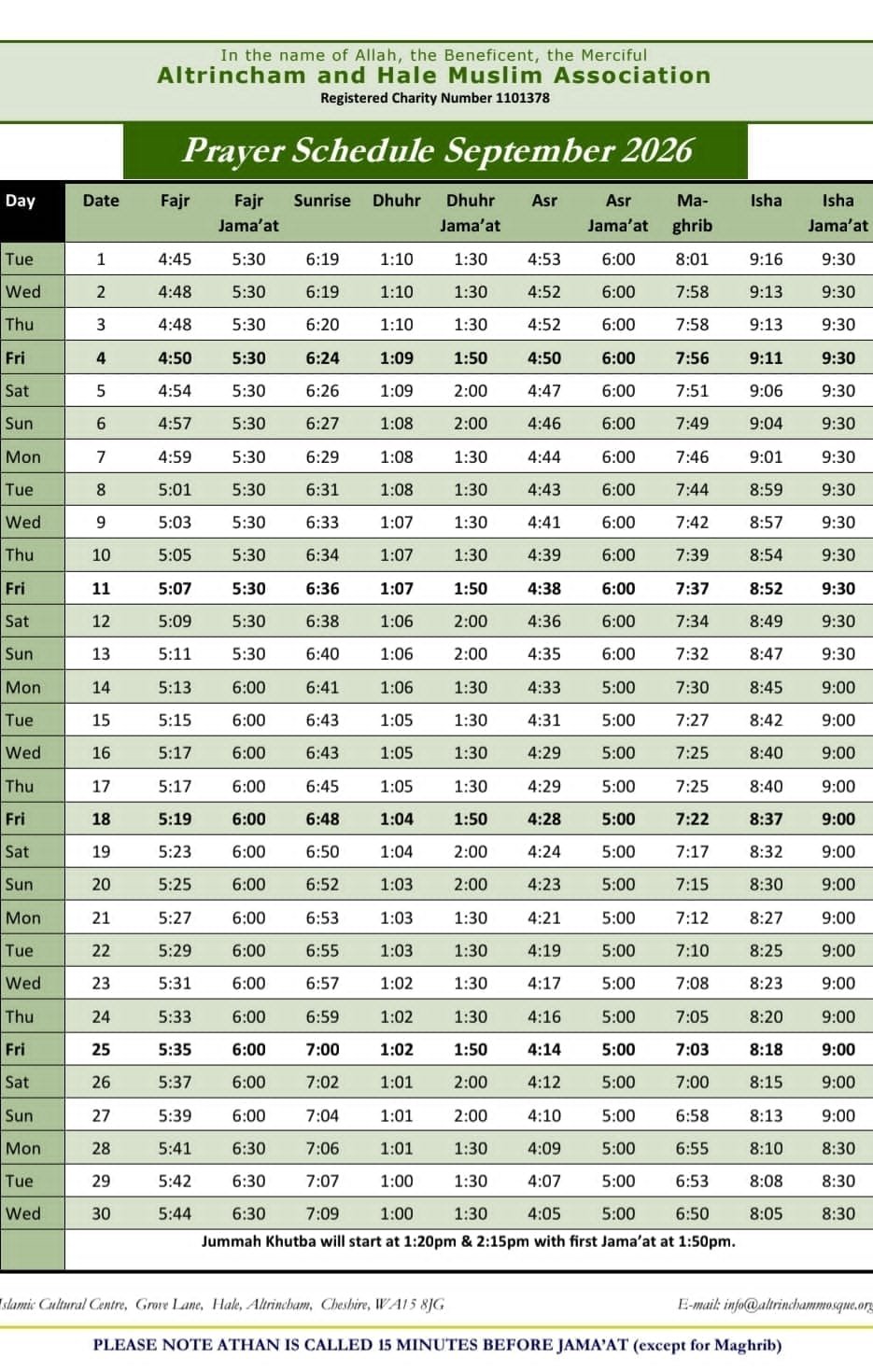 Timetable published by Altrincham and Hale Muslim Association for September 2026