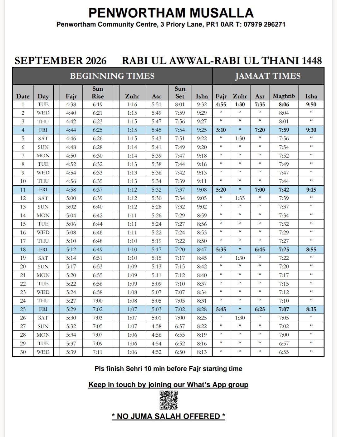 Timetable published by Penwortham Musalla for September 2026