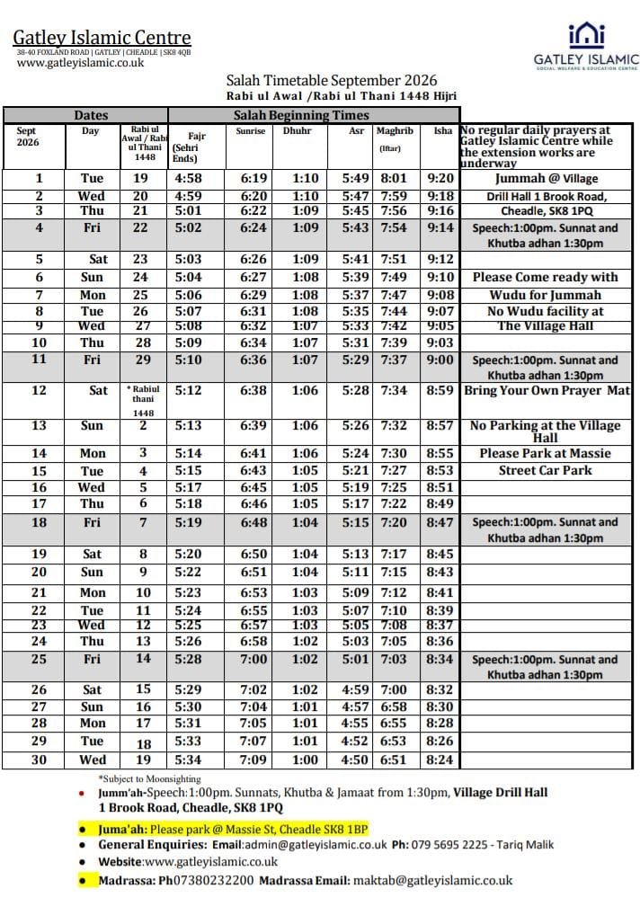 Timetable published by Gatley Islamic Centre for September 2026