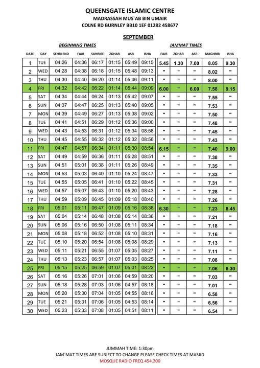 Timetable published by Queensgate Islamic Centre for September 2026