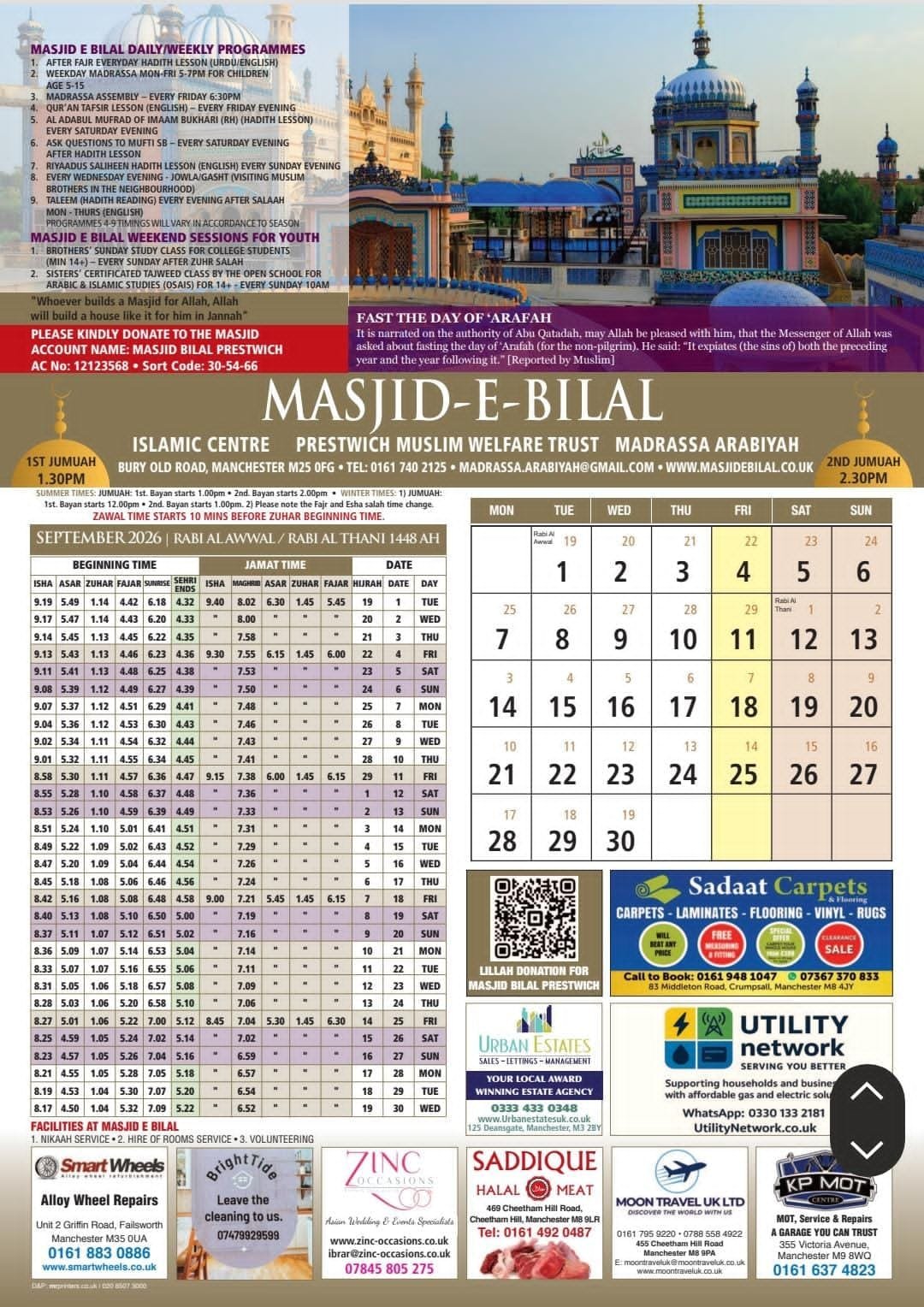 Timetable published by Masjid-E-Bilal for September 2026