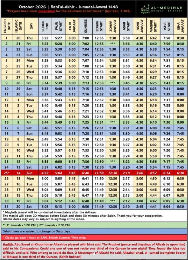Timetable published by Al-Medinah Mosque Brighton for October 2026