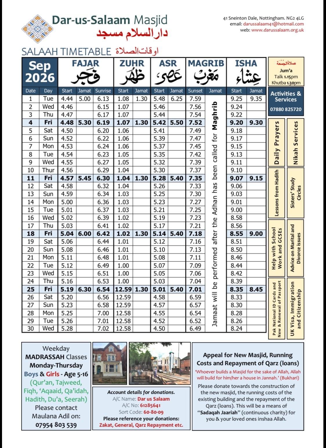 Timetable published by Dar-Us-Salaam (No 41) for September 2026