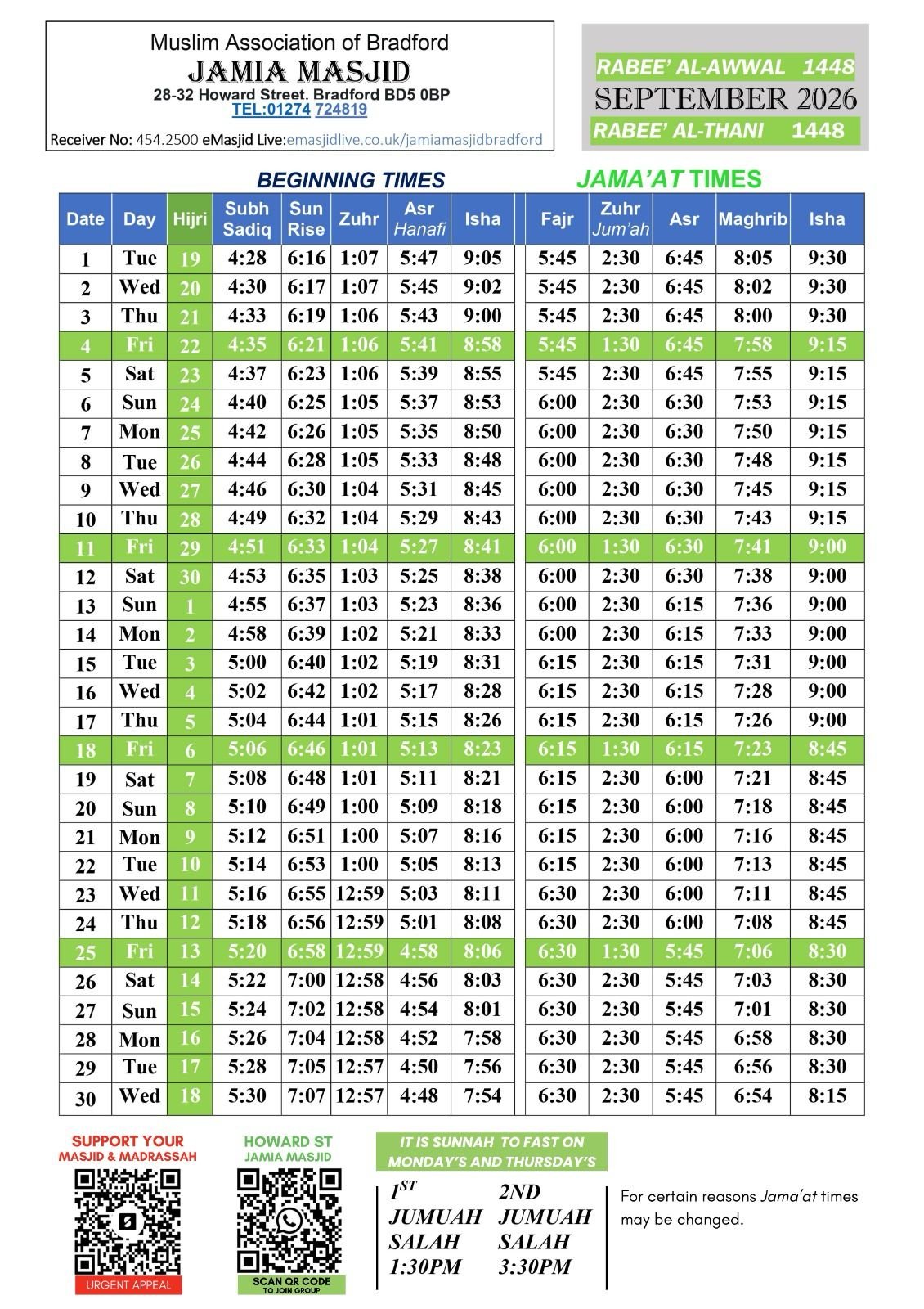 Timetable published by Jamia Masjid Howard Street for September 2026