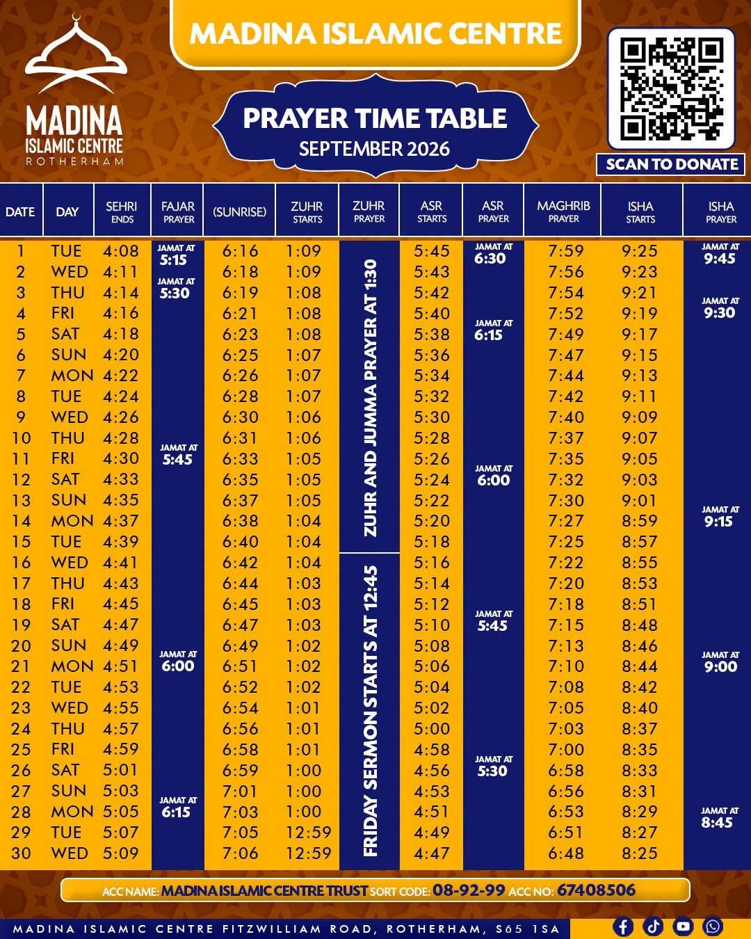 Timetable published by Madina Islamic Centre for September 2026