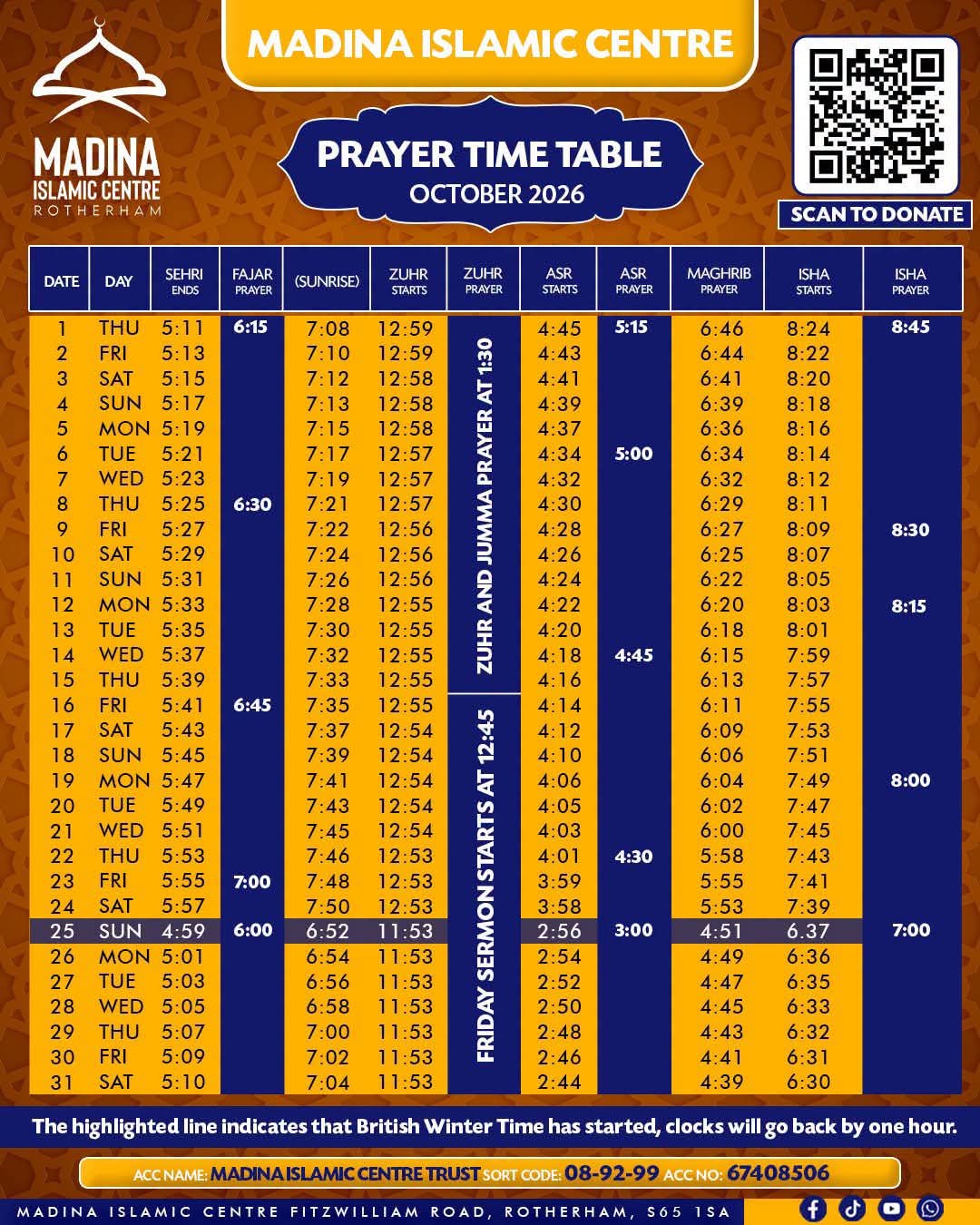 Timetable published by Madina Islamic Centre for October 2026