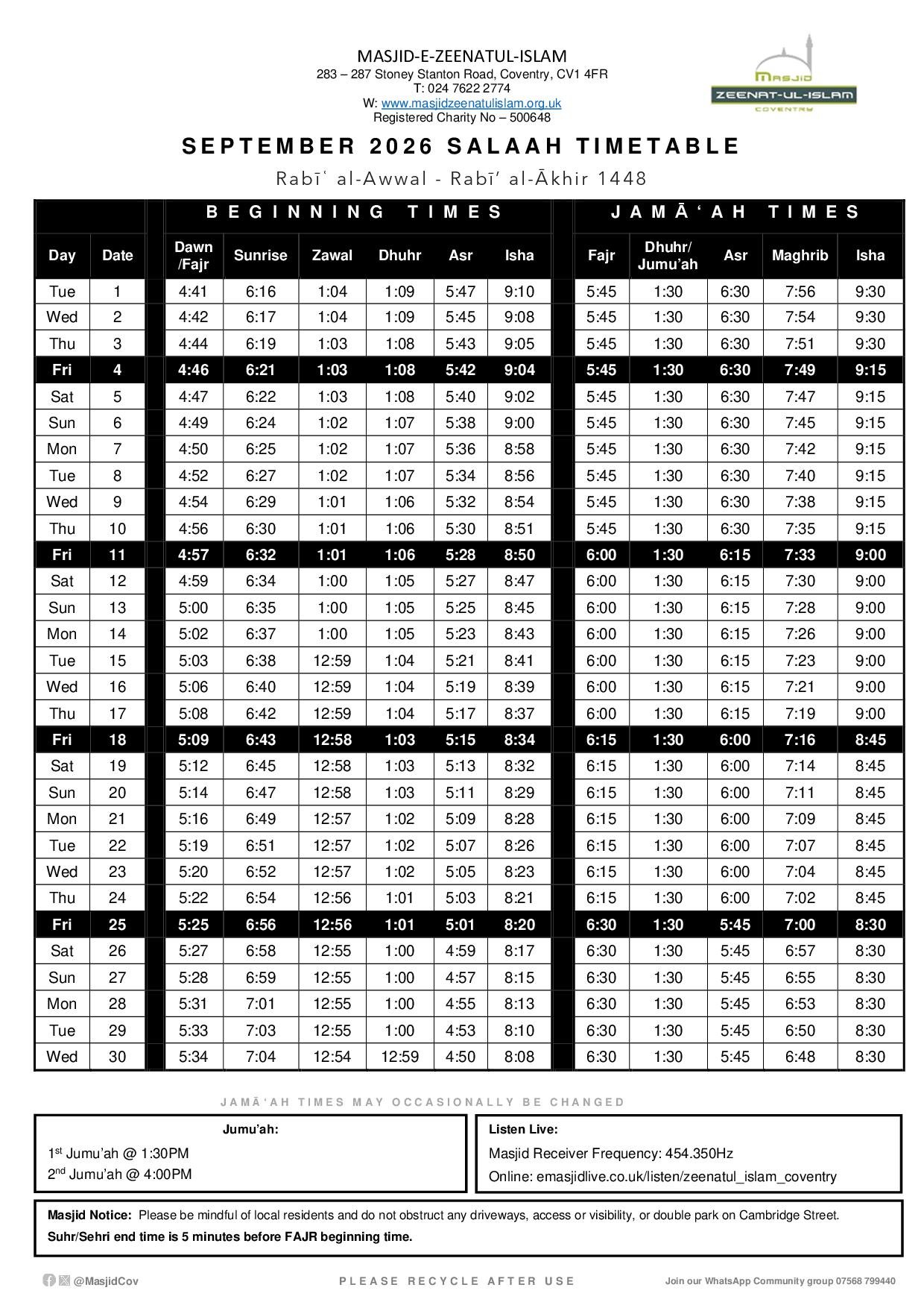 Timetable published by Masjid-E-Zeenatul Islam for September 2026