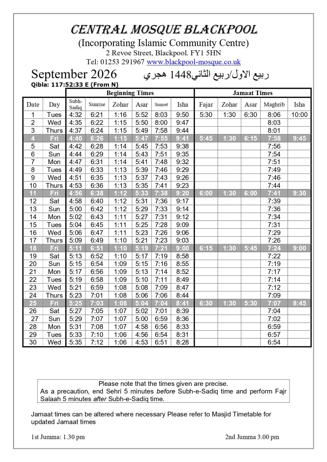 Timetable published by Central Mosque for September 2026