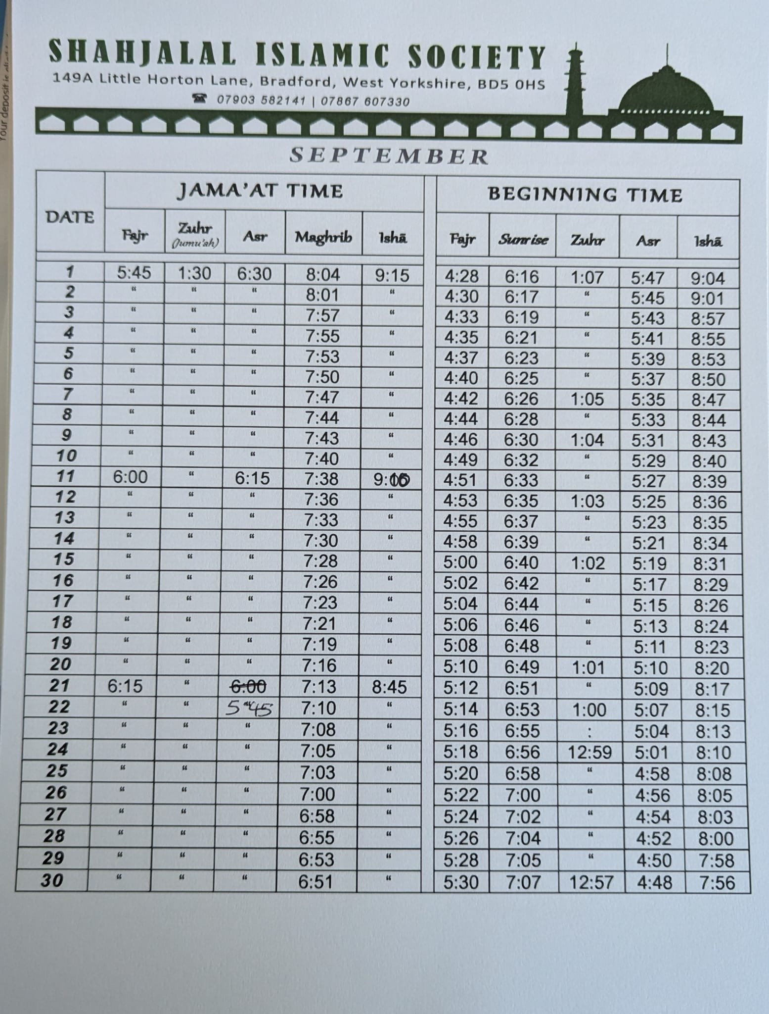 Timetable published by Shahjalal Islamic Society for September 2026
