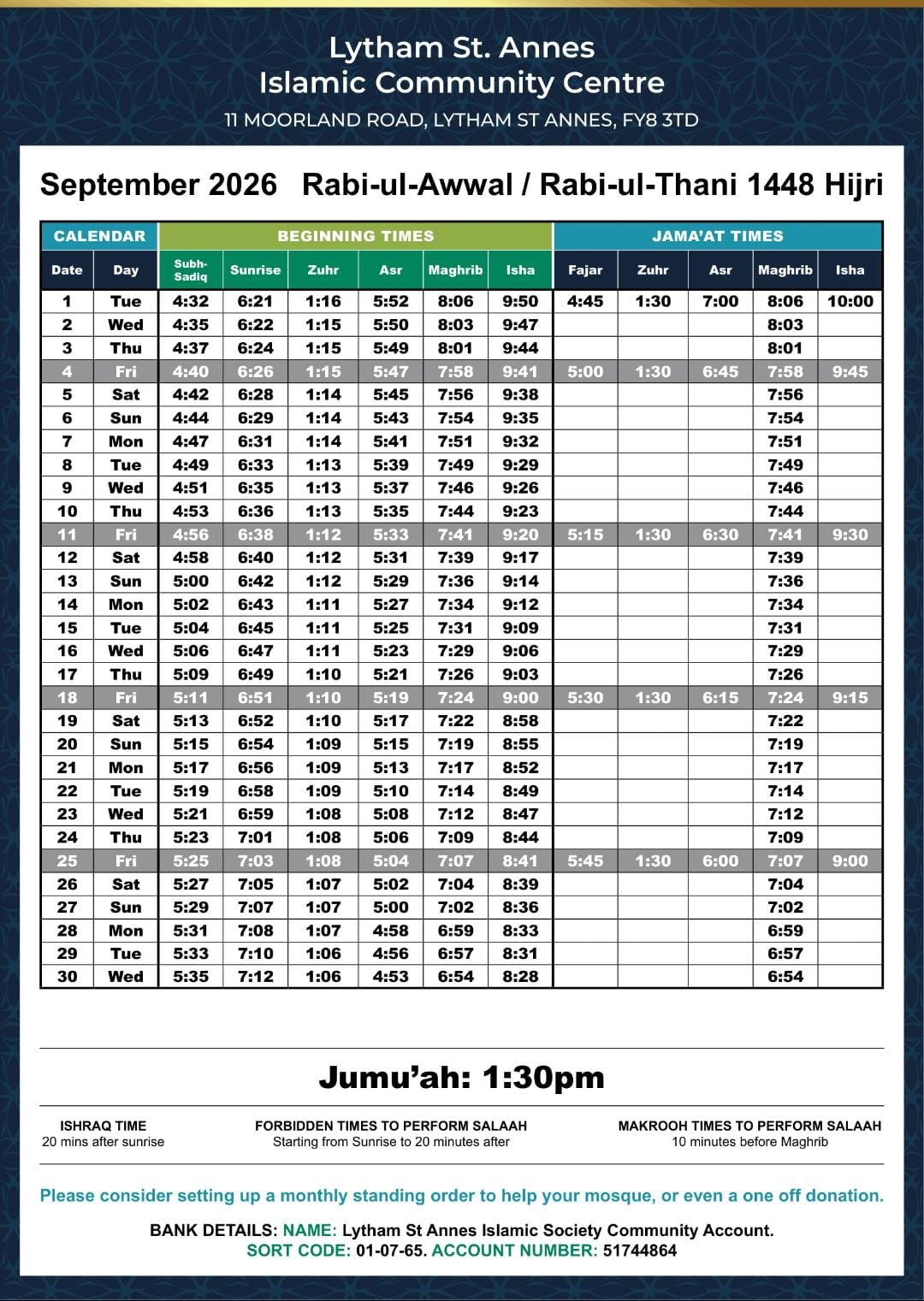 Timetable published by Lytham St. Annes for September 2026