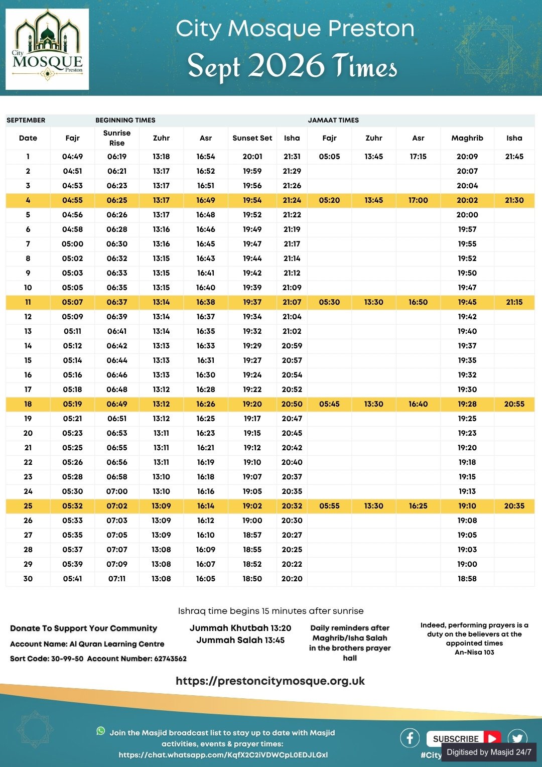 Timetable published by City Mosque Preston for September 2026
