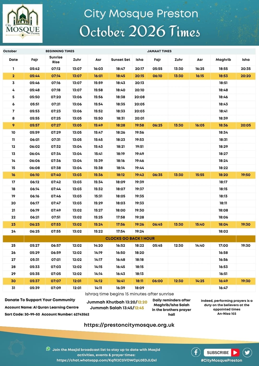Timetable published by City Mosque Preston for October 2026