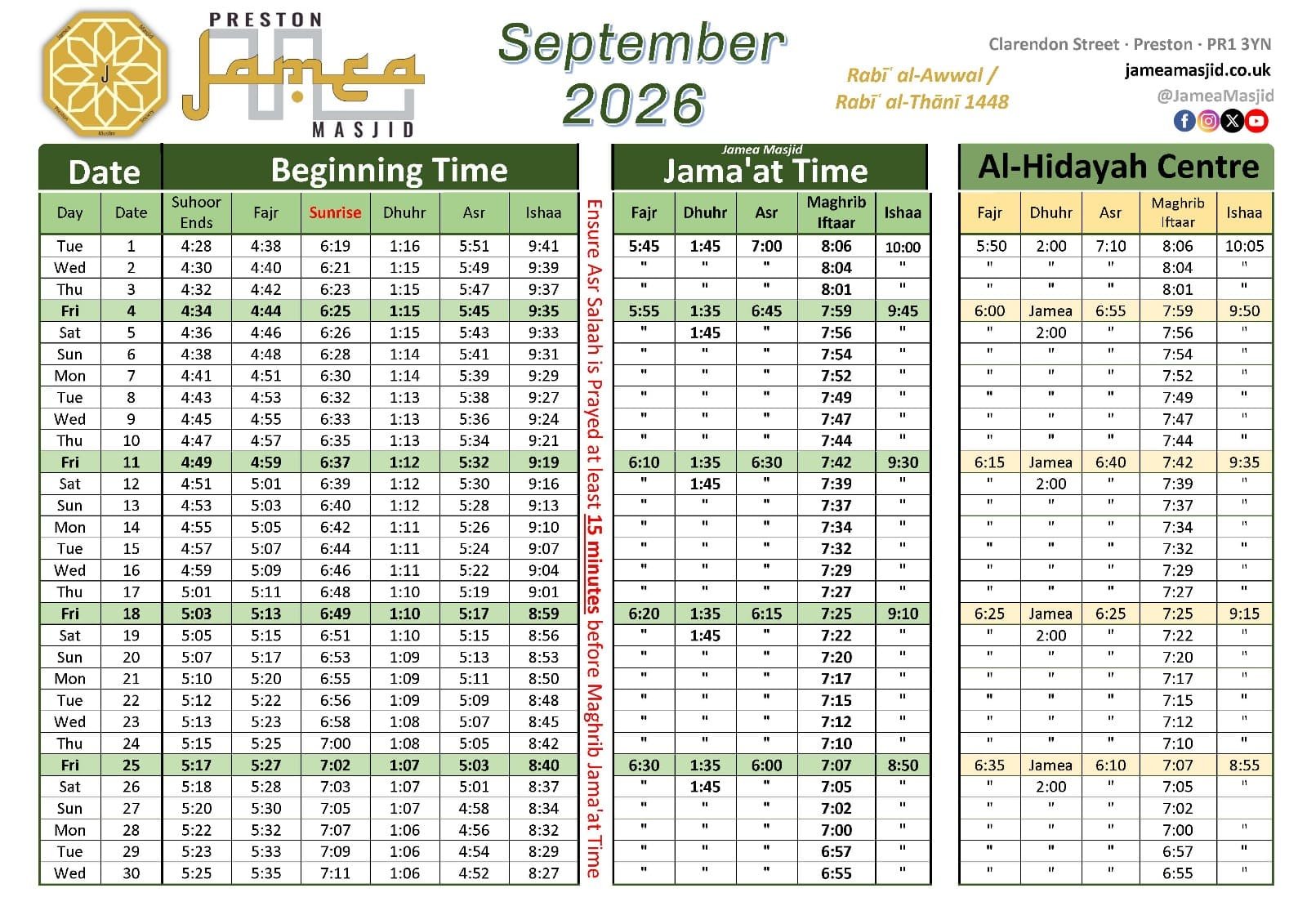 Timetable published by Jamea Masjid for September 2026