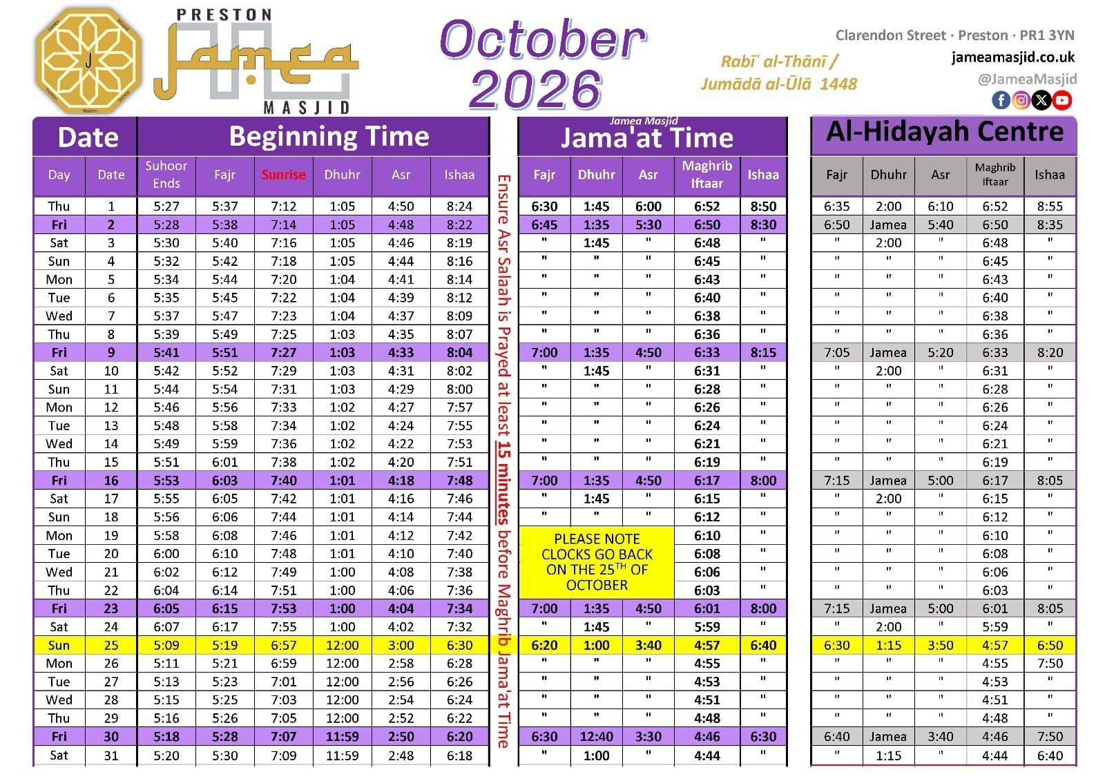 Timetable published by Jamea Masjid for October 2026