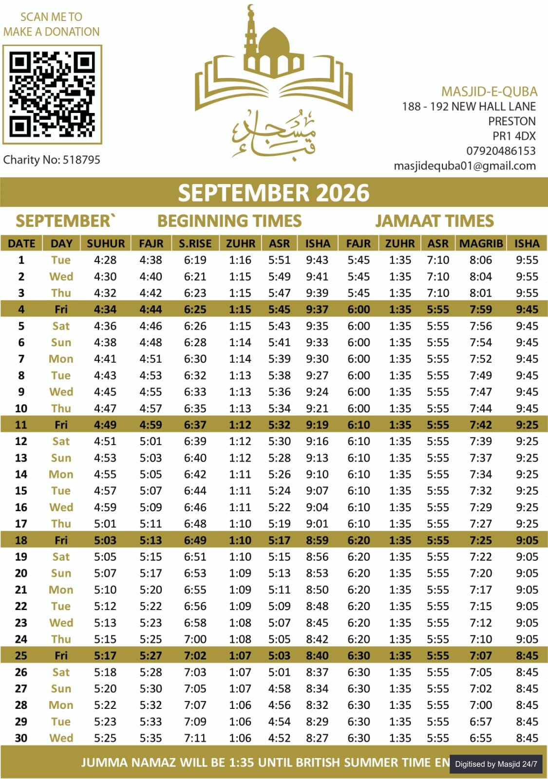 Timetable published by Masjid Quba for September 2026