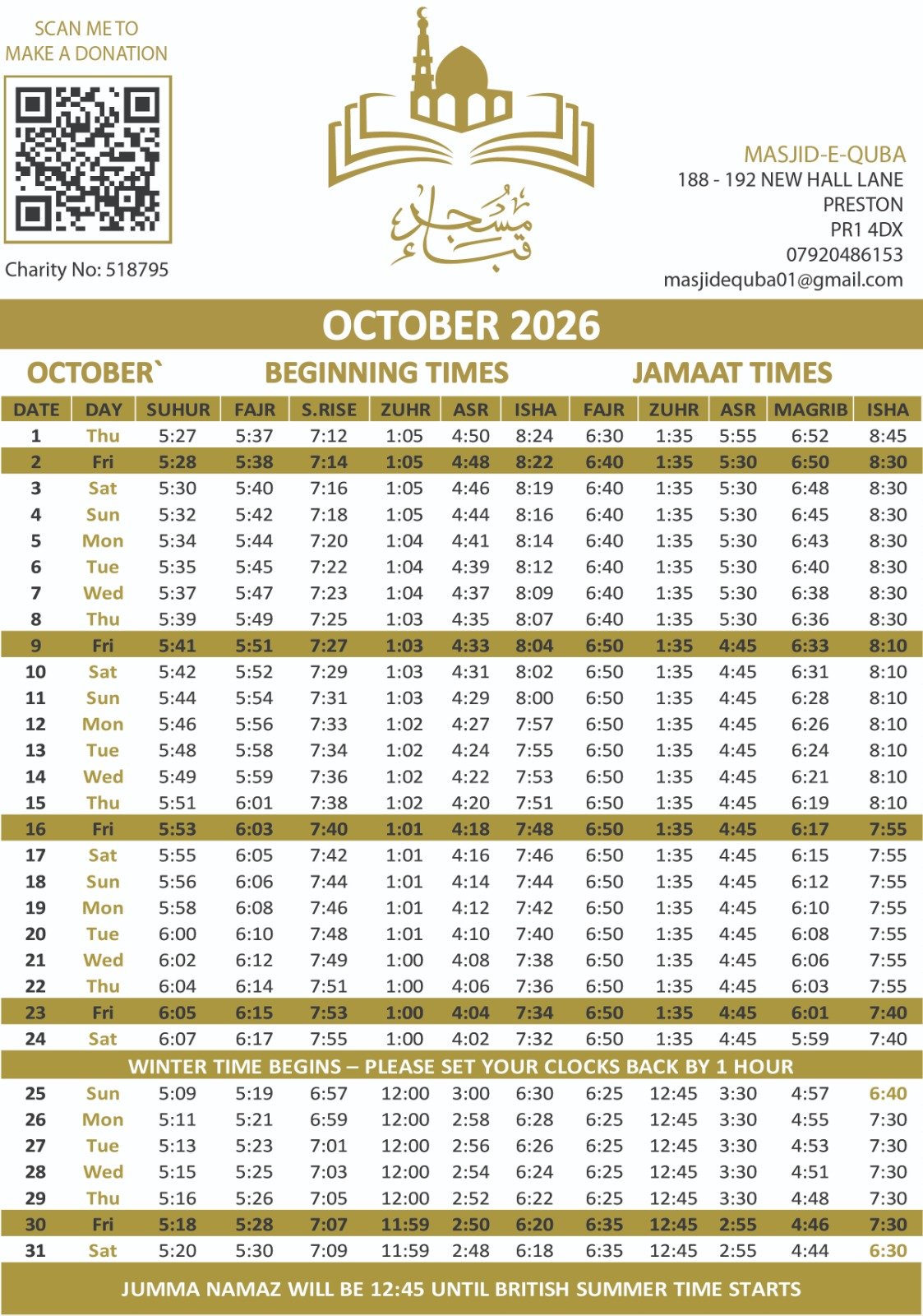 Timetable published by Masjid Quba for October 2026