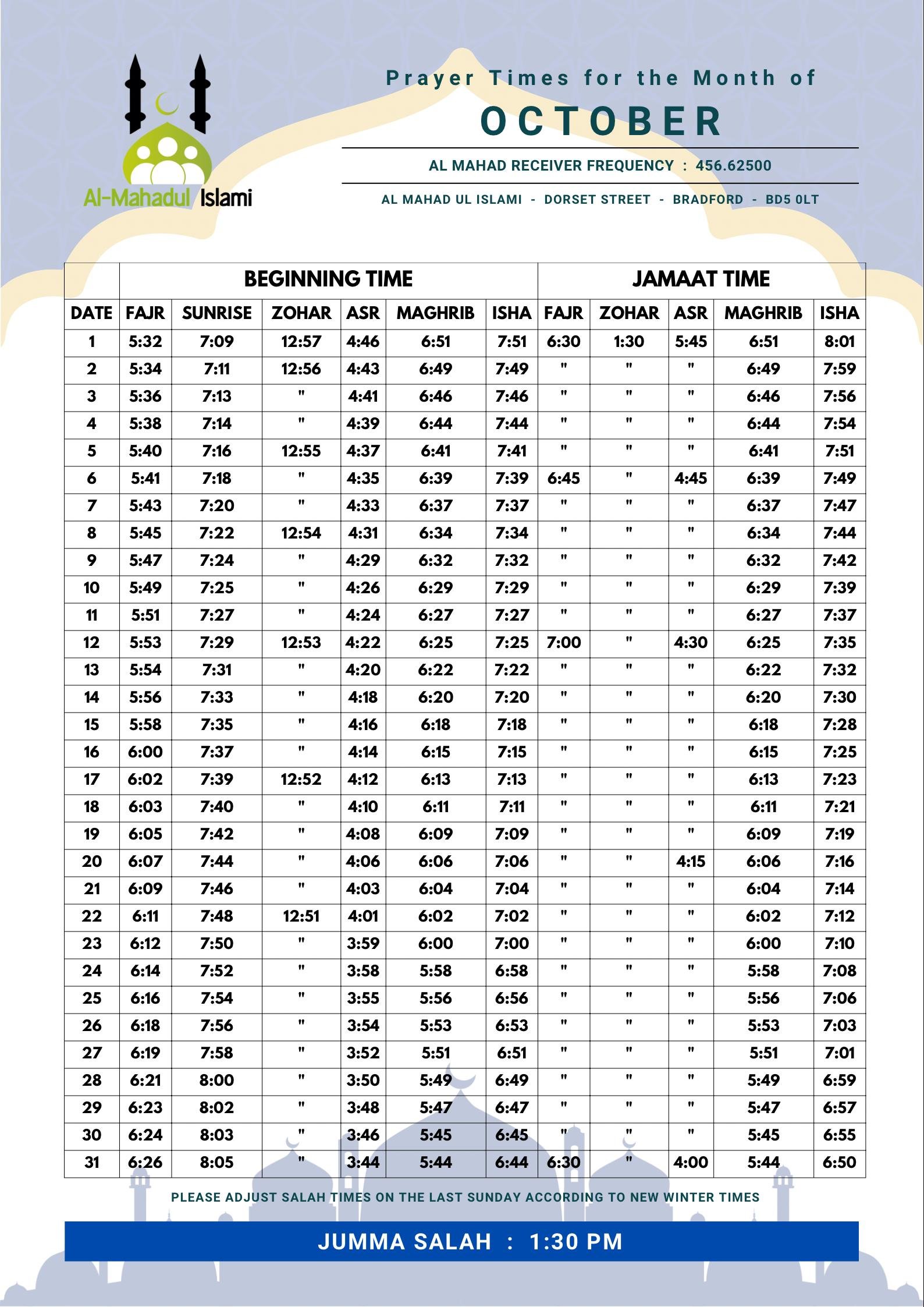 Timetable published by Al-Mahadul Islami for October 2026