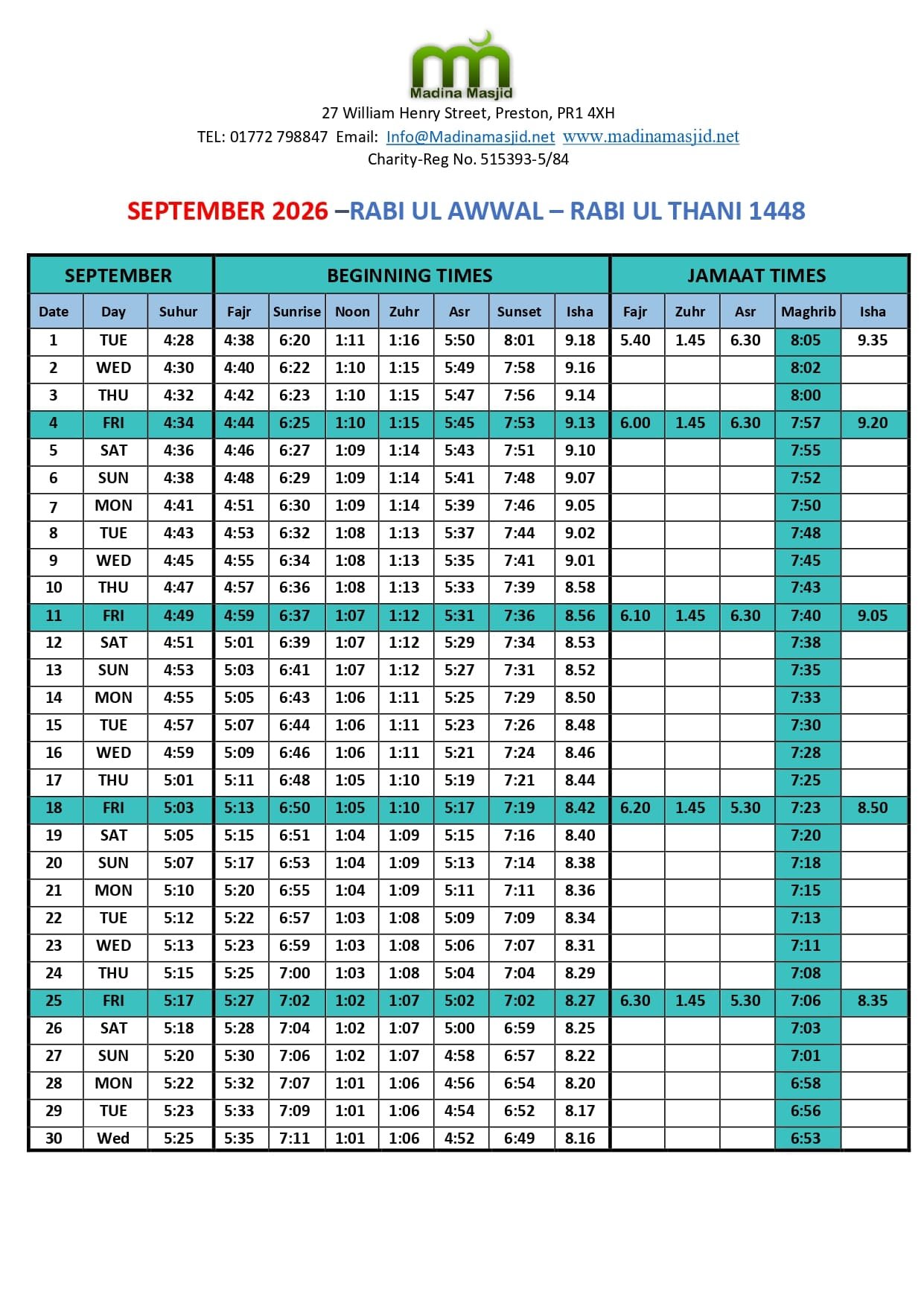 Timetable published by Madina Mosque for September 2026