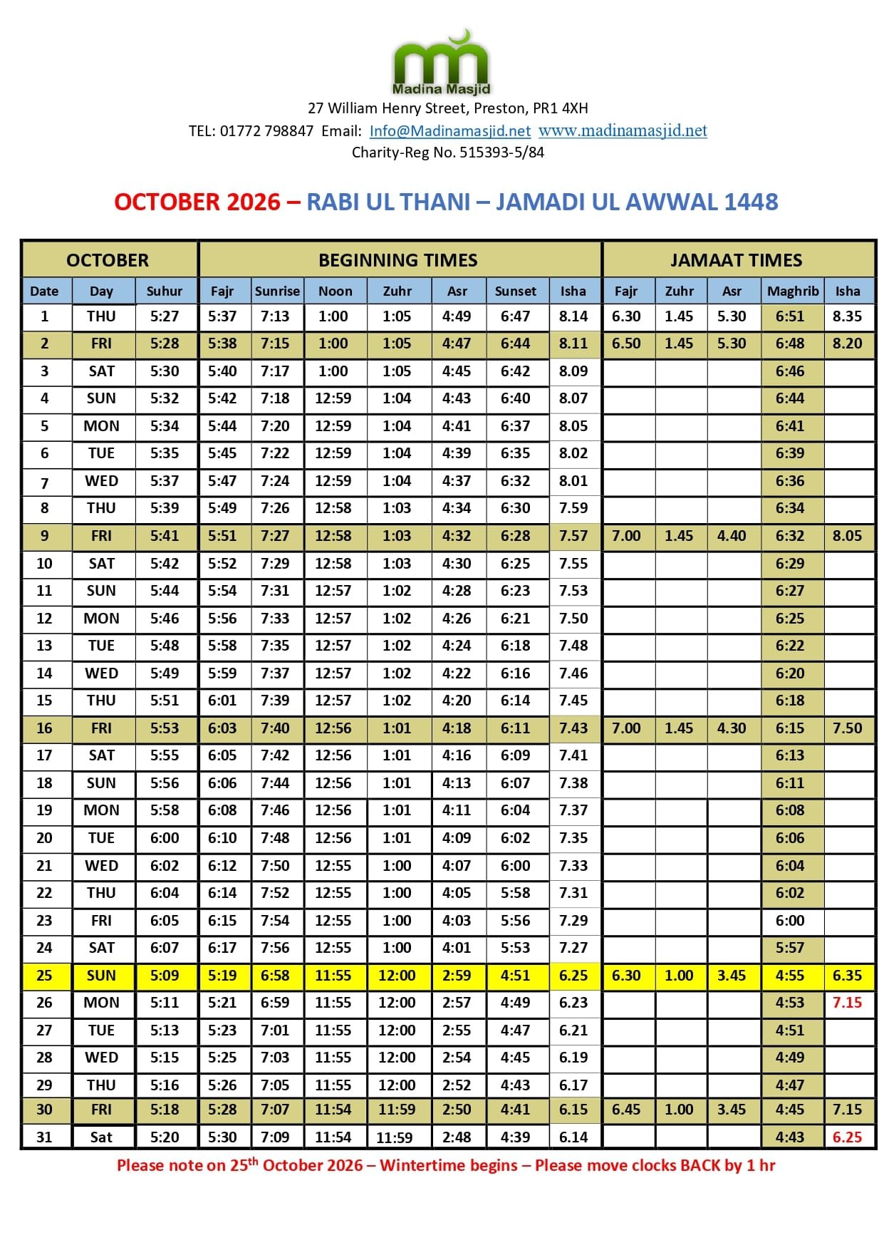 Timetable published by Madina Mosque for October 2026