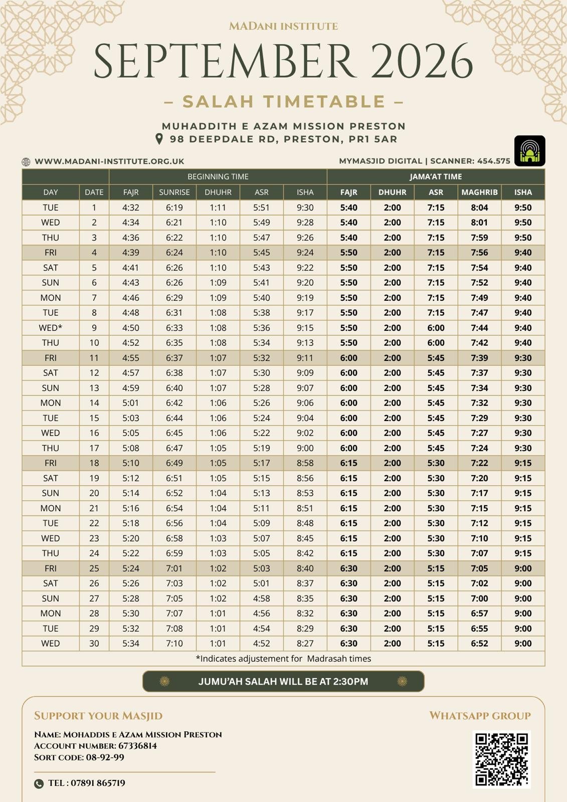 Timetable published by Madani Institute Preston for September 2026