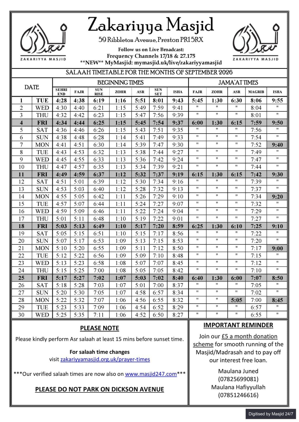 Timetable published by Zakariyya Masjid for September 2026