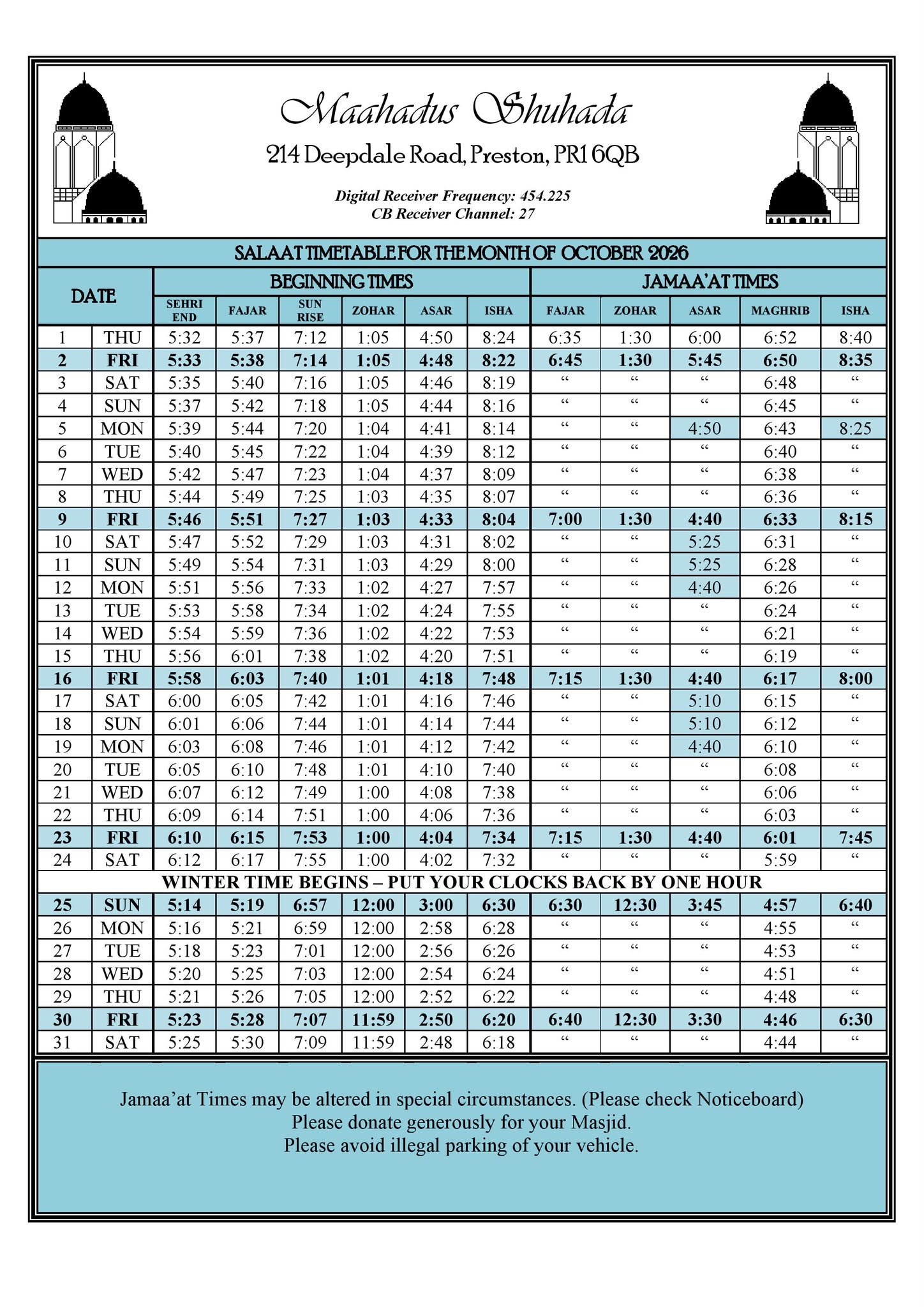 Timetable published by Maahadus Shuhada for October 2026