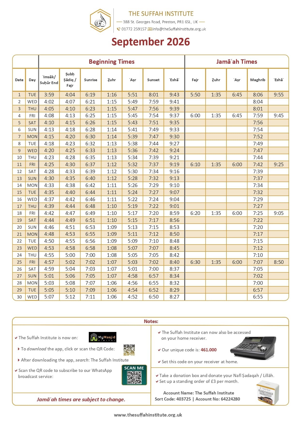 Timetable published by The Suffah Institute & Mosque for September 2026