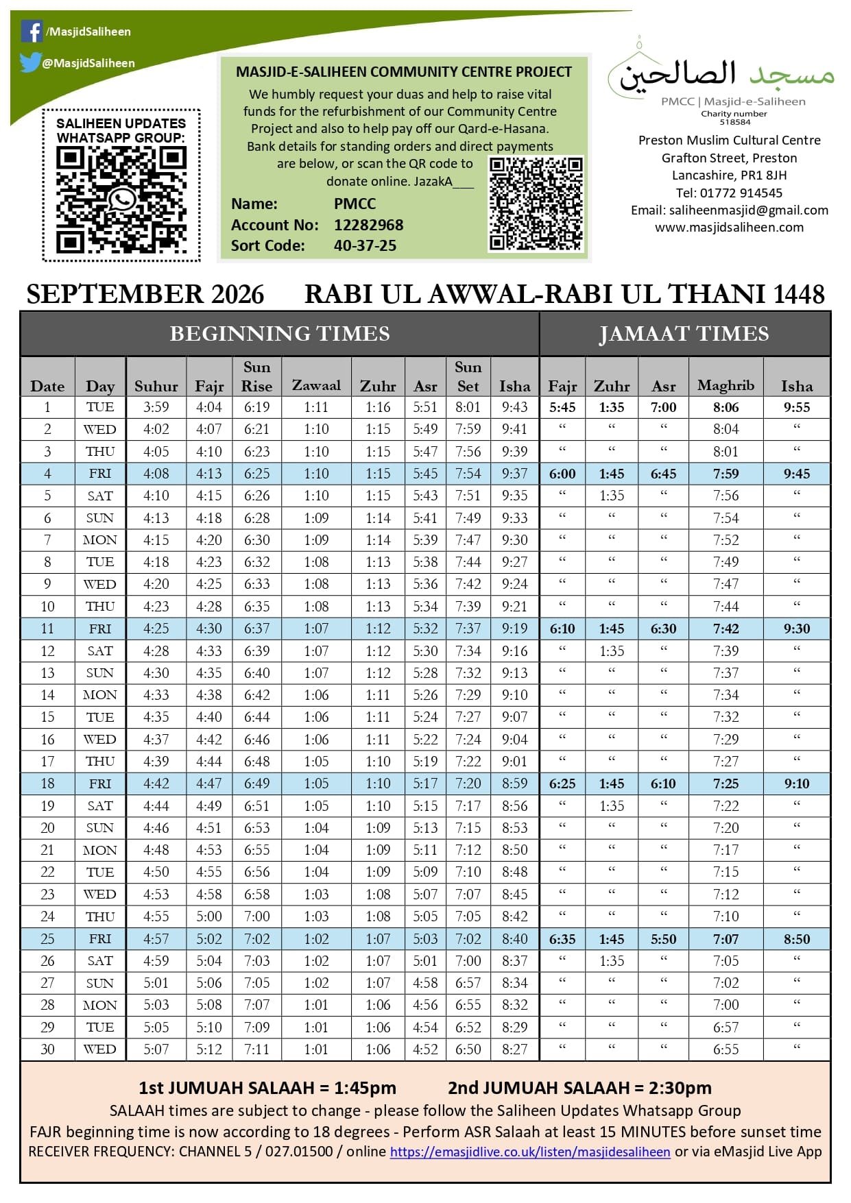 Timetable published by Masjid-e-Saliheen for September 2026