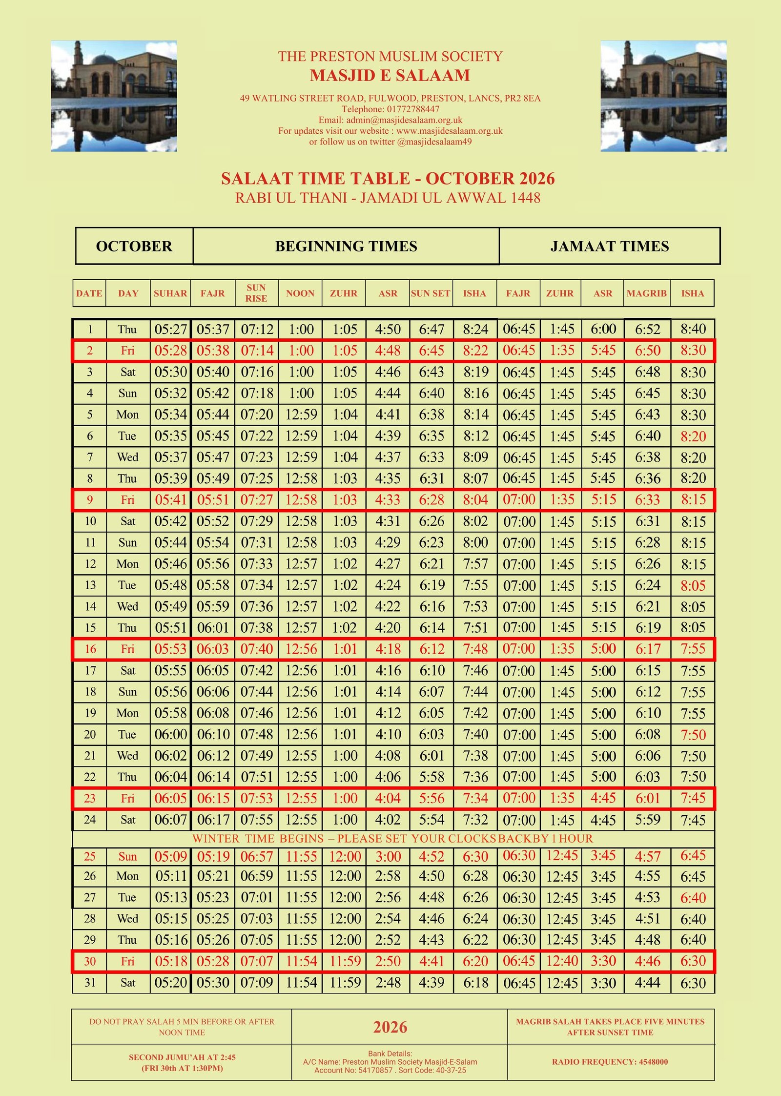 Timetable published by Masjid-e-Salaam for October 2026