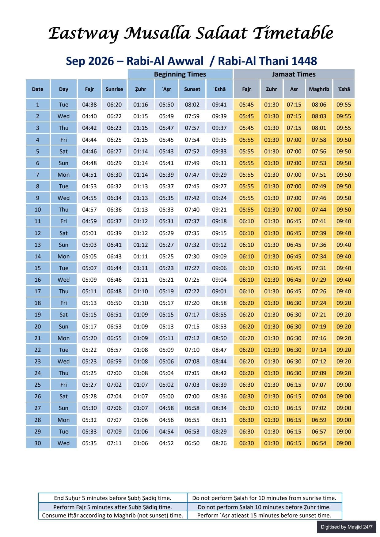 Timetable published by Eastway Musallah for September 2026