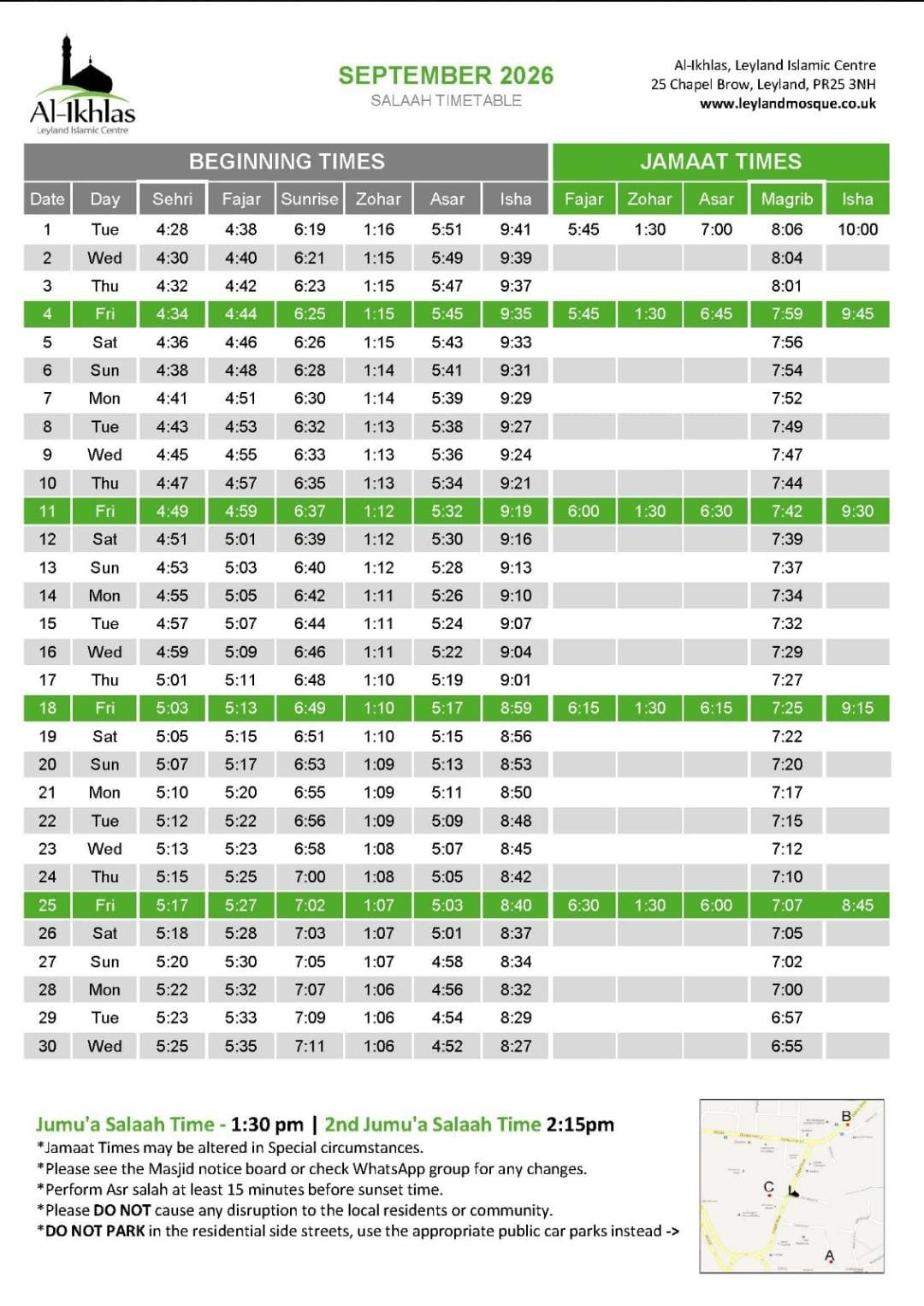 Timetable published by Al-Ikhlas Leyland Islamic Centre for September 2026