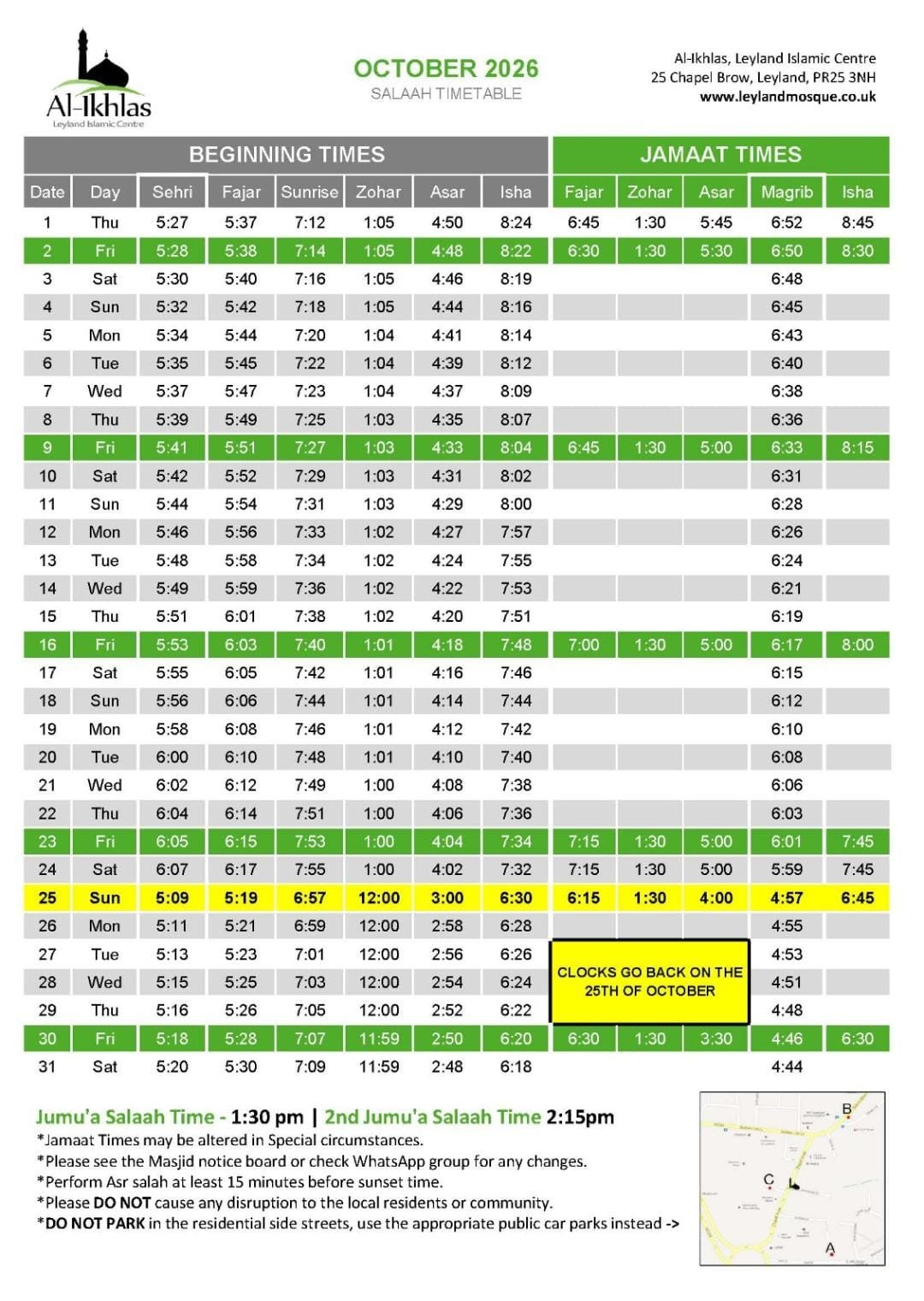 Timetable published by Al-Ikhlas Leyland Islamic Centre for October 2026