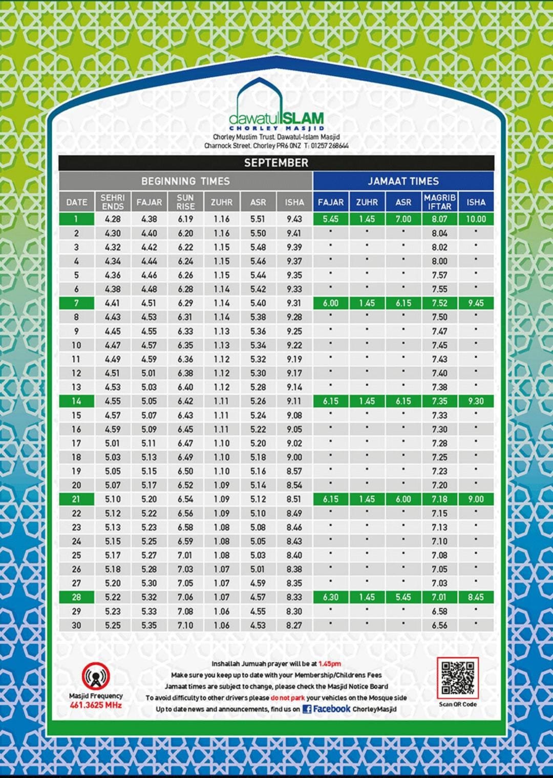 Timetable published by Da'watul Islam Mosque for September 2026