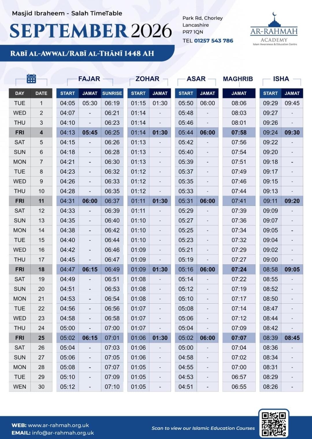 Timetable published by Masjid Ibrahim - Ar-Rahmah Academy for September 2026