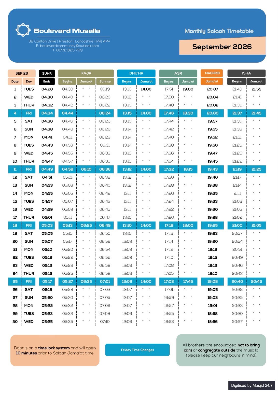 Timetable published by Boulevard Musalla for September 2026