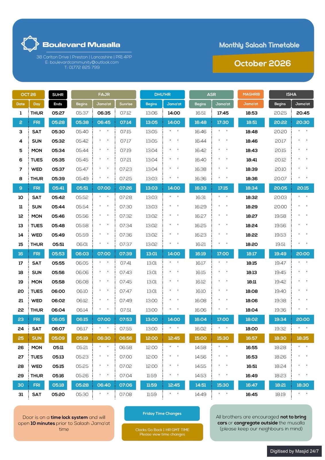 Timetable published by Boulevard Musalla for October 2026