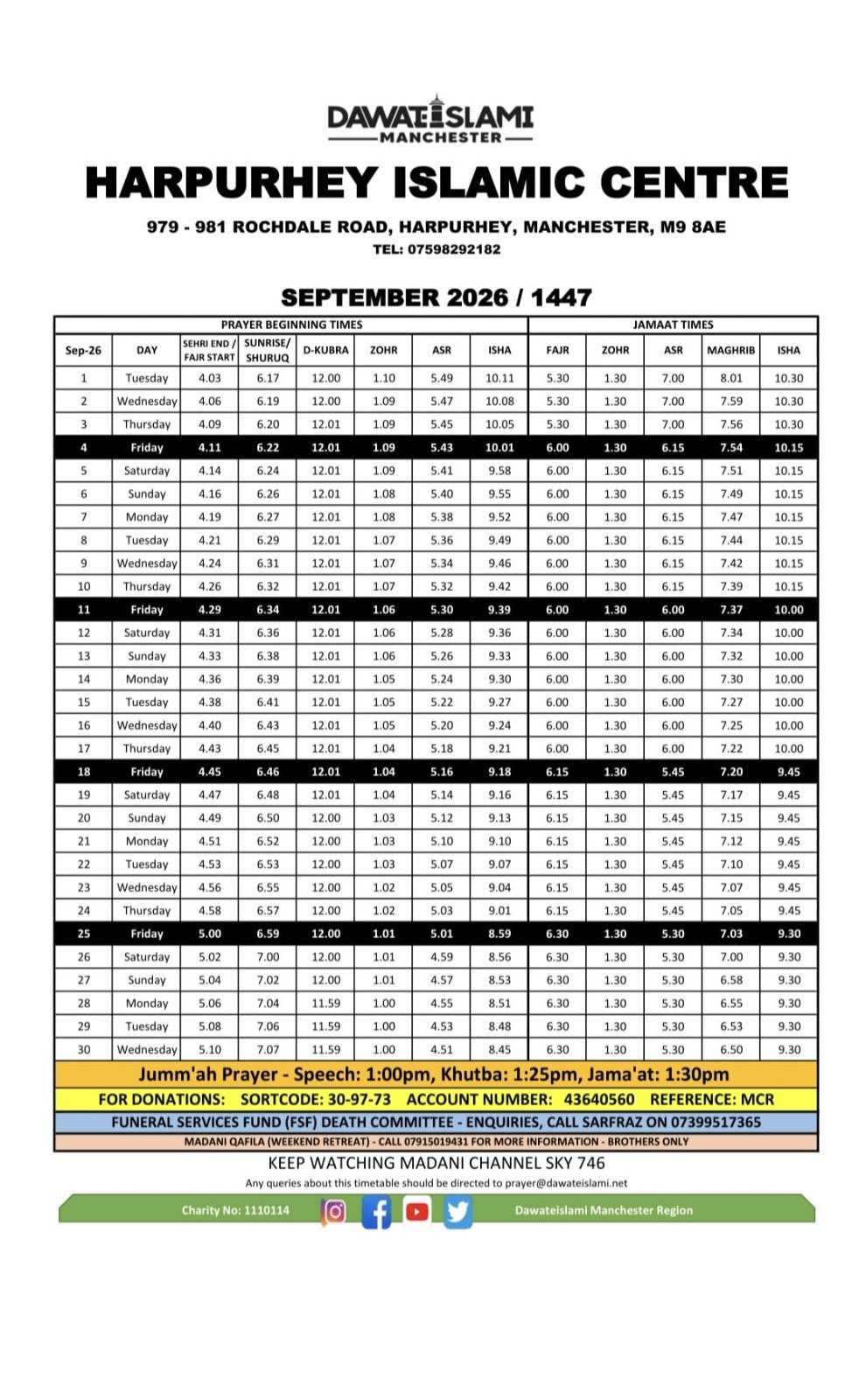 Timetable published by Dawateislami Islamic and Education Centre for September 2026