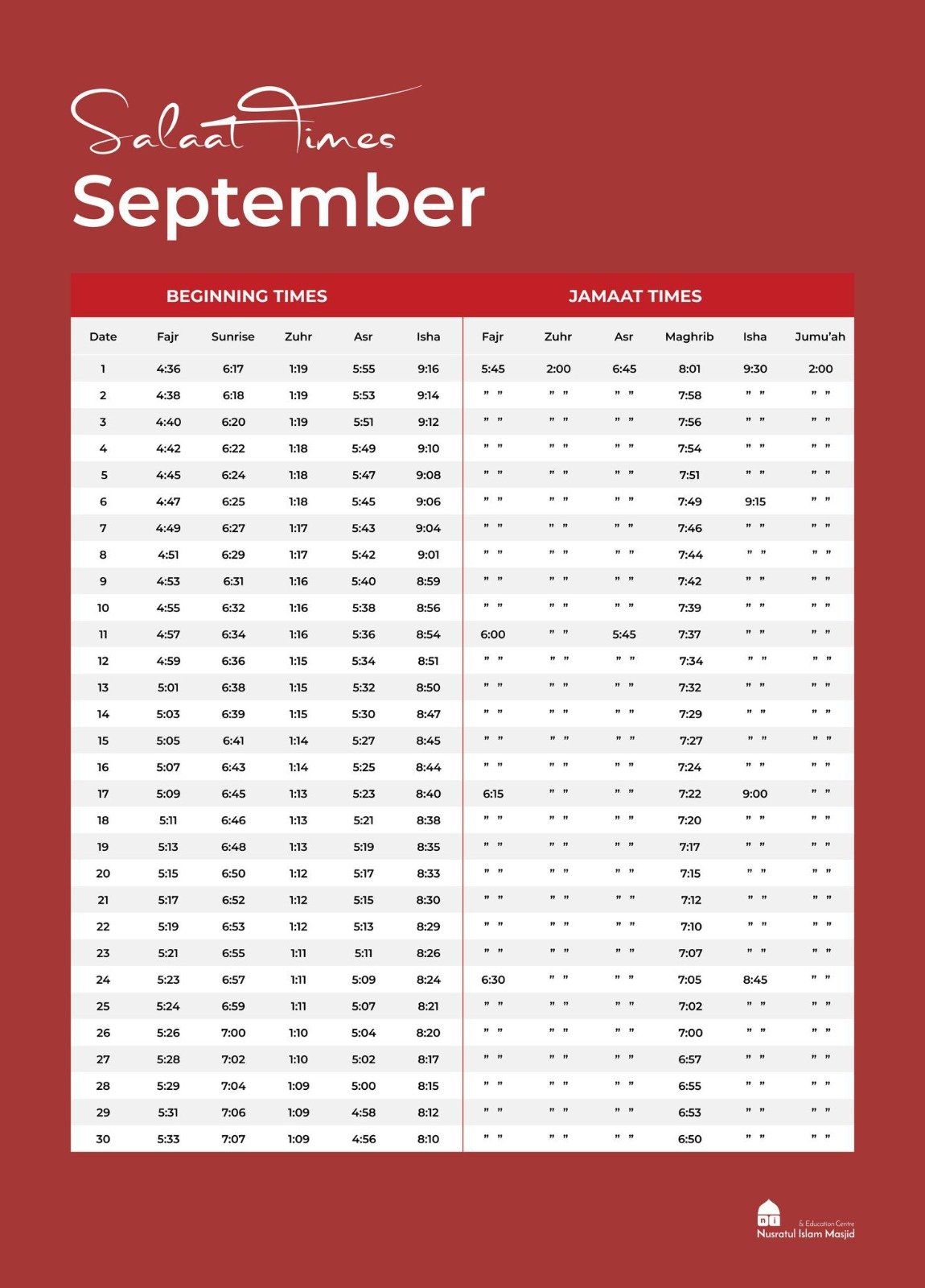 Timetable published by Nusrat Ul Islam Masjid & Education Centre for September 2026