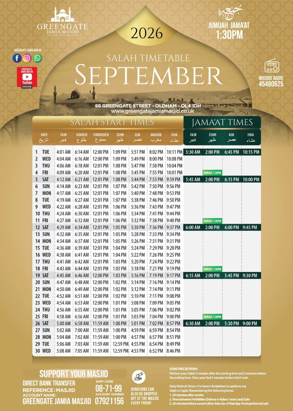 Timetable published by Greengate Jamia Masjid for September 2026
