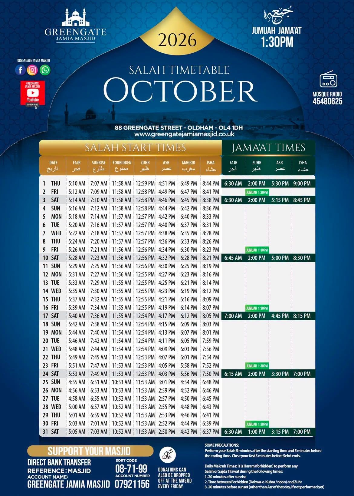 Timetable published by Greengate Jamia Masjid for October 2026