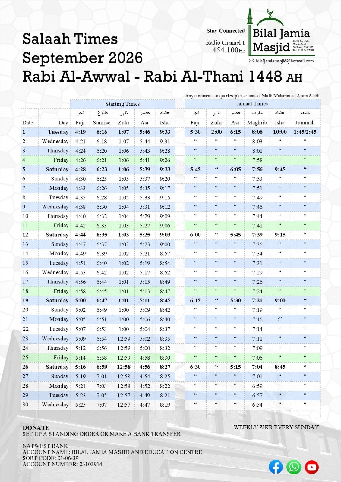 Timetable published by Bilal Jamia Masjid for September 2026