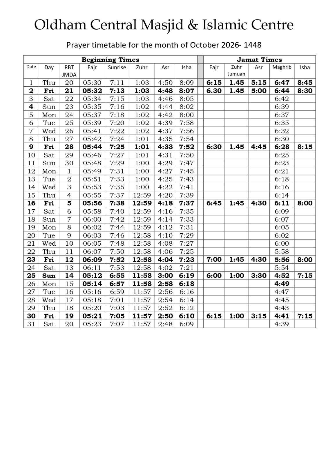Timetable published by Oldham Central Masjid for October 2026