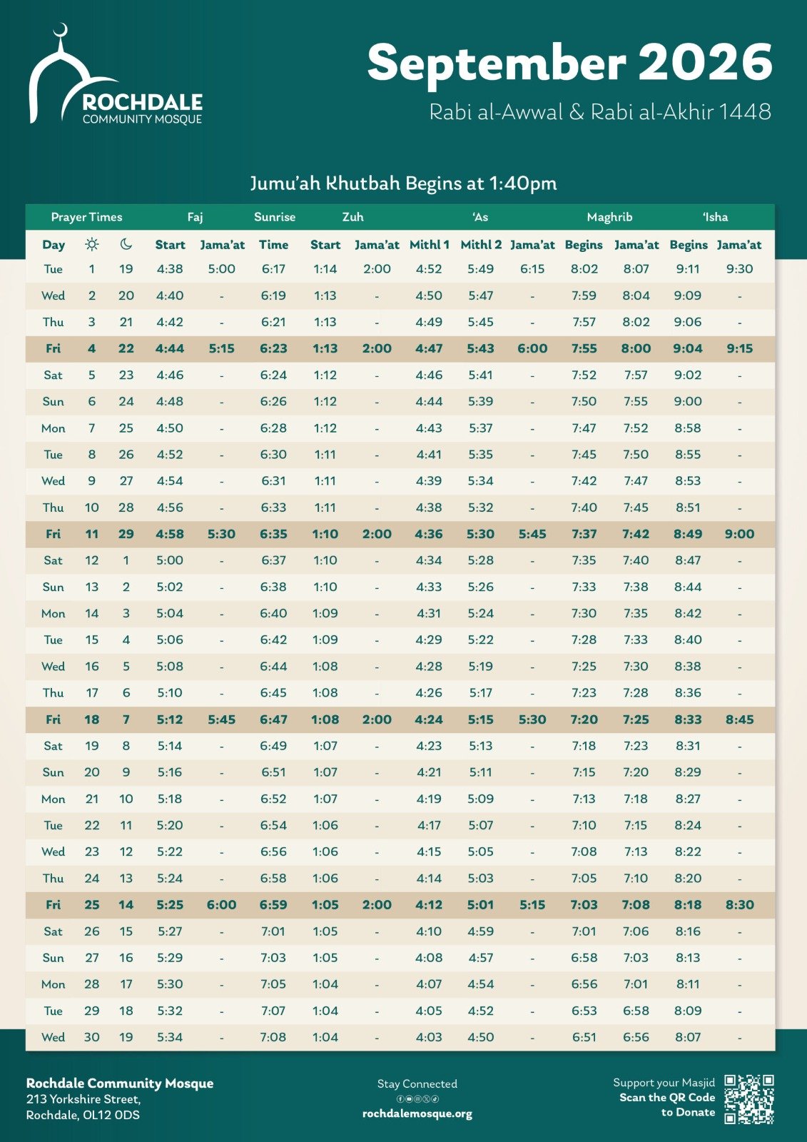 Timetable published by Rochdale Community Mosque for September 2026