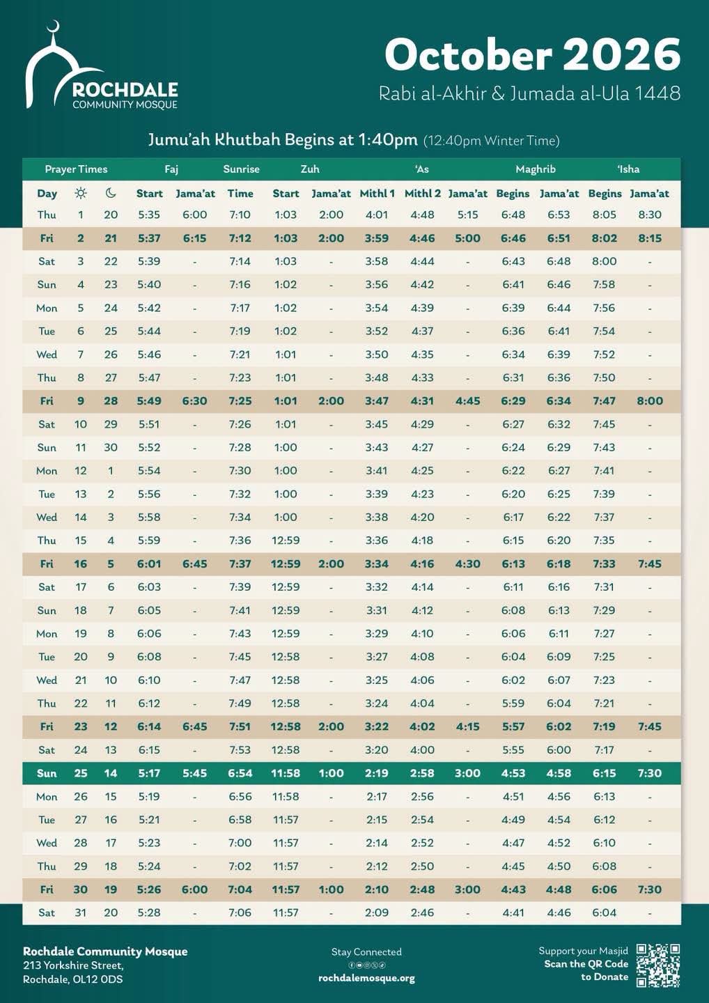 Timetable published by Rochdale Community Mosque for October 2026
