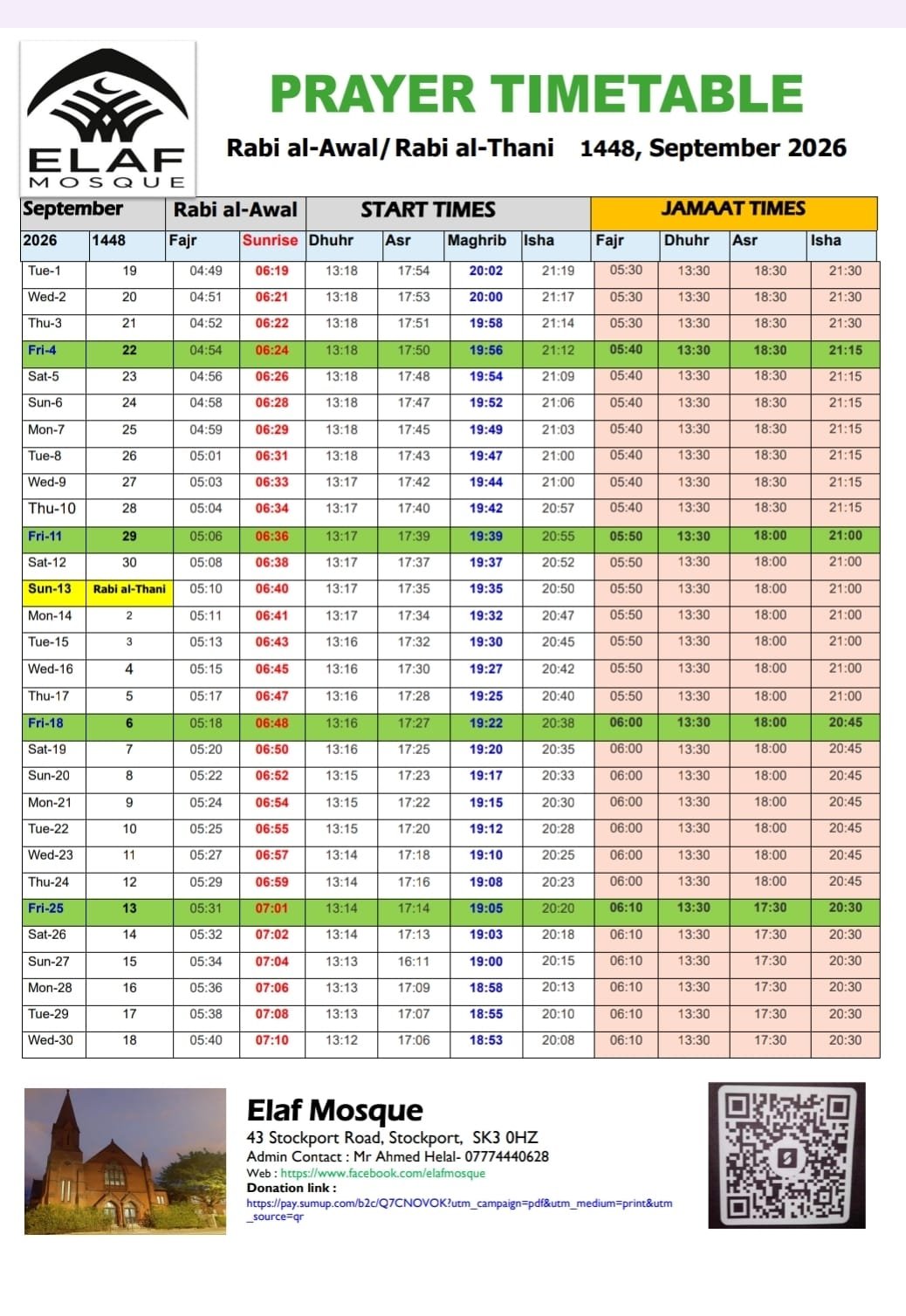 Timetable published by Elaf Masjid for September 2026