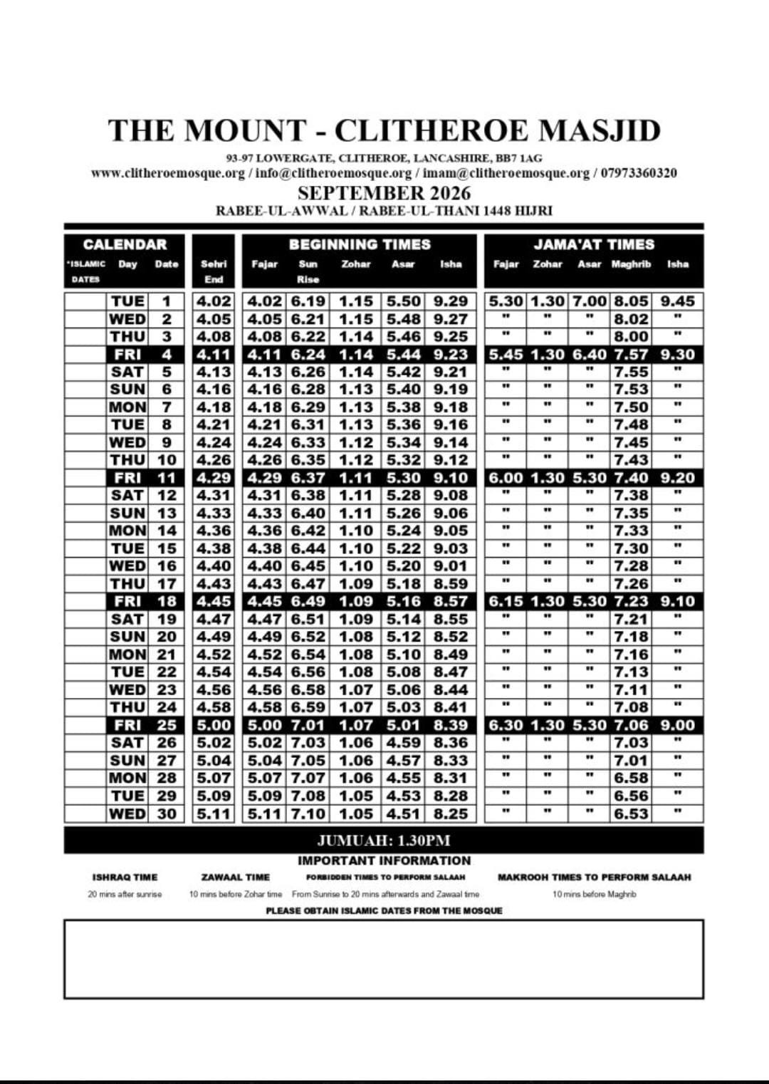 Timetable published by The Mount- Clitheroe Masjid for September 2026